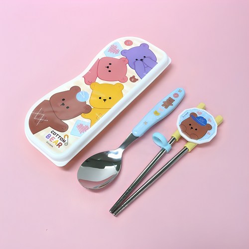 르번 코튼베어 유아동 스푼양손교정젓가락 케이세 세트, 혼합색상, 숟가락 + 교정 젓가락 + 케이스, 1세트