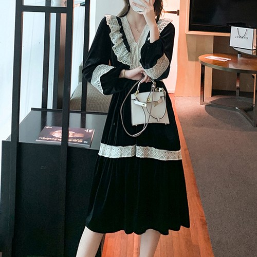 페이퍼먼츠 배색 레이스 프릴 브이넥 미디 원피스 03092