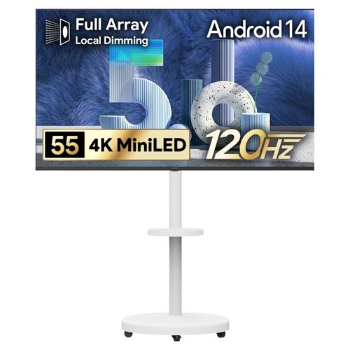 더함 CHiQ 4K QLED MiniLED UHD DLG 120Hz 로컬디밍 돌비 AI 구글 5.0 스마트TV + 이동식 TV스탠드 삼탠바이미 화이트 세트, 140cm(55인치), UA551MINILED Google5.0 120Hz 2025C, 스탠드형, 고객직접설치