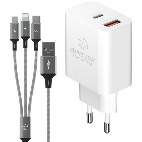 디지지 PD 25W PPS 2포트 초고속 충전기 + 3in1 스카이메타 멀티 케이블 170cm 세트, 화이트(충전기), 메탈실버(케이블), 1세트