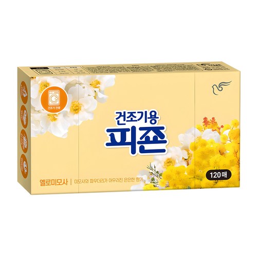 피죤 건조기용 오리지널 드라이시트 섬유유연제 옐로미모사 본품, 120개입, 1개