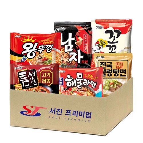 [서진프리미엄] 봉지라면모음 6종(틈새라면 고기짬뽕 4개+일품해물라면 4개+남자라면 4개+왕뚜껑 봉지면 4개+꼬꼬면 4개+진국설렁탕면 4개) 총24개, 1박스