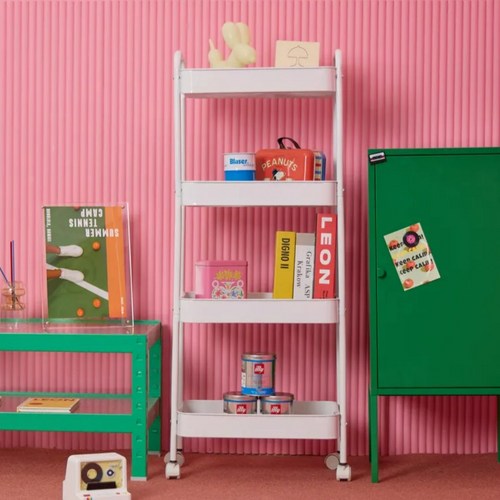 이동식 트롤리 틈새 선반 수납 철제 바퀴 미니 트롤리 3단, 화이트, 4단