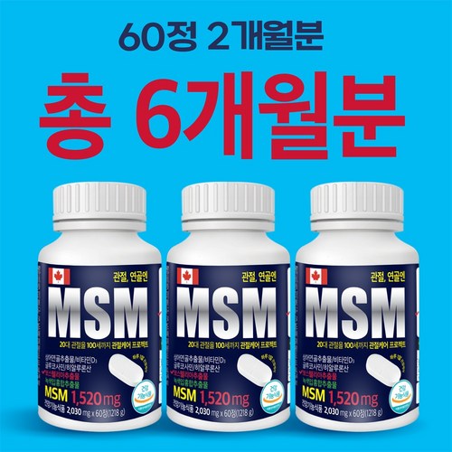 MSM 고함량 1520mg 캐나다 직수입 글루코사민 히알루론산 보스웰리아 상어연골추출물 녹색홍합추출물 비타민D 60정 3병, 3개
