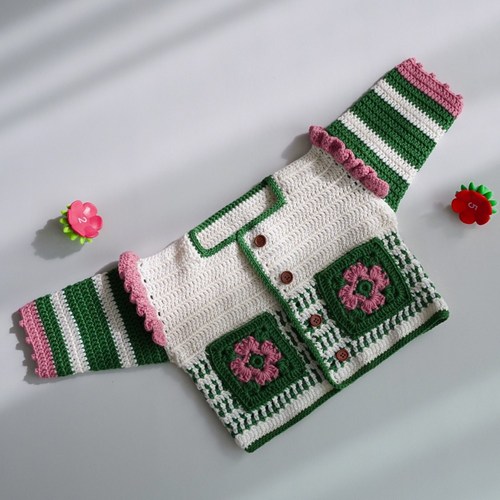 슬로우모먼츠 들꽃 모티브 가디건 - 아기 옷 코바늘 DIY 키트, 커스텀 컬러(원하시는 색상 배송메세지에 작성), 빈티지 단추(앤틱), 1개