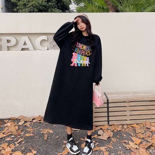 더미베어 여성 긴팔 박시 곰돌이 캐릭터 롱 원피스