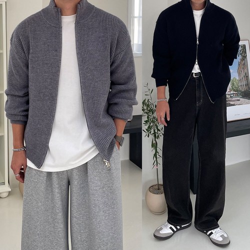 어둑 남성 도톰한 하이넥 투웨이 니트 집업 가디건