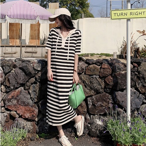 단가라 후드 니트 롱원피스