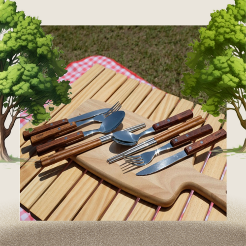모온향 감성적인 배꽃나무 캠핑용 커트러리 세트, 8개, 수저2 젓가락2 포크2 나이프2, 내추럴 우드