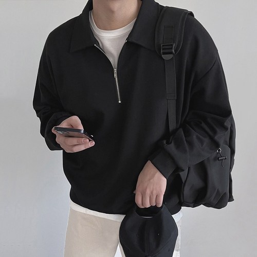 룩샵 남자 남성 데일리 오버핏 무지 카라 특양면 반집업 맨투맨