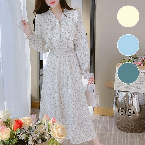 여성 밴딩 꽃무늬 프릴 롱원피스 원피스 드레스 긴팔 러플 봄가을 하객룩 롱 쉬폰