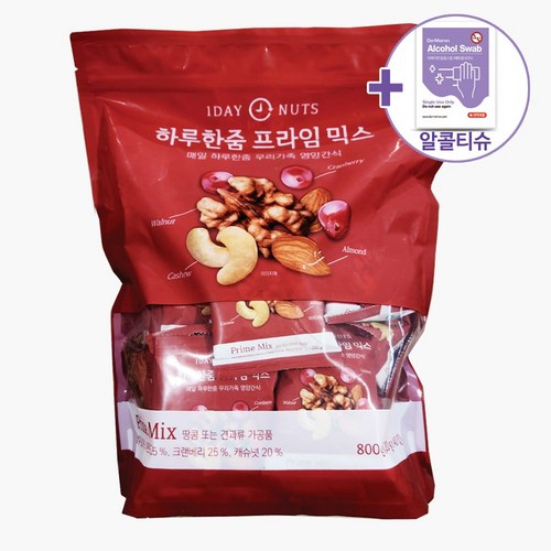 하루한줌 프라임 믹스 20G X 40봉(호두30%+볶음아몬드25%+컨크랜베리25%+볶음캐슈넛20%) + 더메이런알콜티슈, 40개