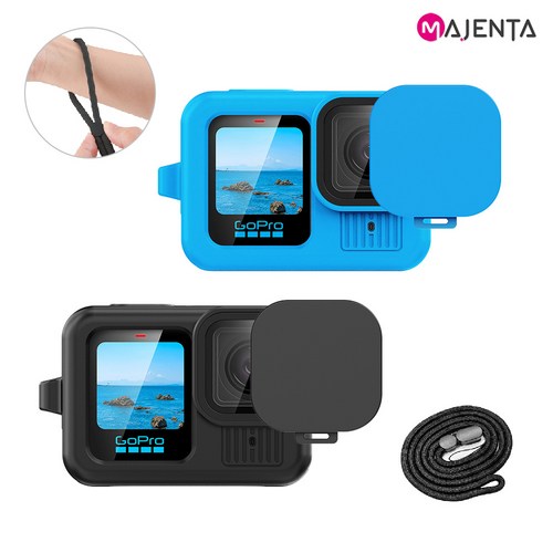 고프로13 실리콘 케이스 커버 + 렌즈캡 랜야드 넥스트랩, 블루, 1개, 고프로13 실리콘 케이스 커버 + 렌즈캡 넥스트랩