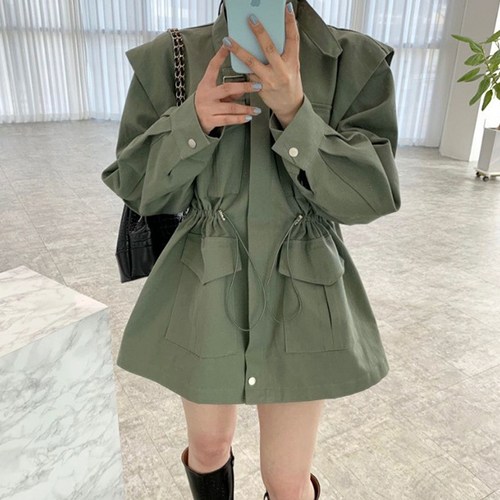 [레티고] 여성 루즈핏 허리 스트링 야상 자켓
