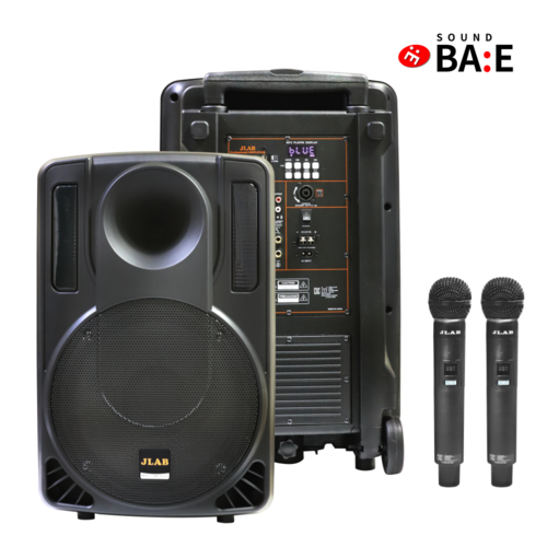 사운드바이 이동형 앰프 스피커 12인치 행사용 버스킹용 300W 무선 마이크 2개, 핸드마이크2개