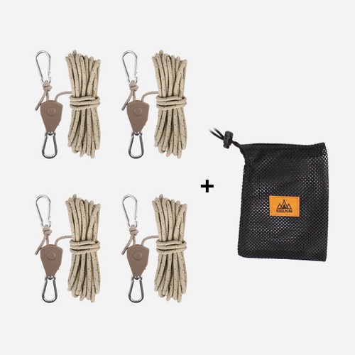 KOOLMAN(쿨맨) 다용도 이지스토퍼 로프라쳇 타프 스트링 4개 + 메쉬파우치 세트, 라쳇스트링 (4mm×4M) S - 브라운 4개+메쉬 B