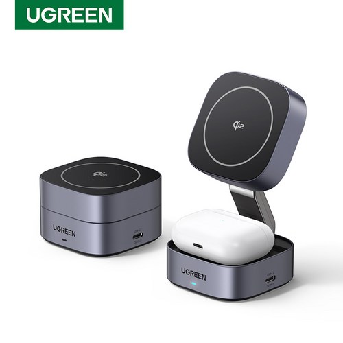 UGREEN 유그린 MagFlow Qi2 2-in-1 25W 마그네틱 접이식 무선충전 스댄드 아이폰16 15 14 13 12 에어팟3 2 Pro등과 호환된 무선충전기, 1개, Grey