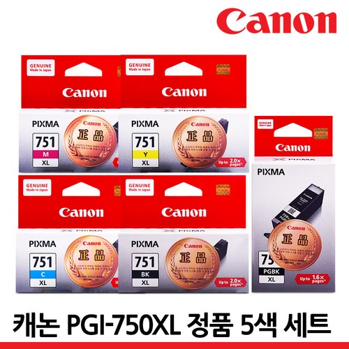 캐논 정품잉크 세트 PGI-750 CLI-751 XL IP7270 IX6770 MX927, 1세트, PGI-750XL 대용량/정품 5색