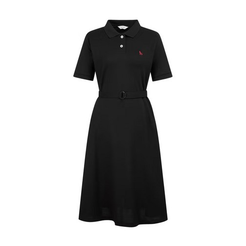 헤지스 여성 블랙 A라인 클래식 피케 반소매 원피스 면혼방