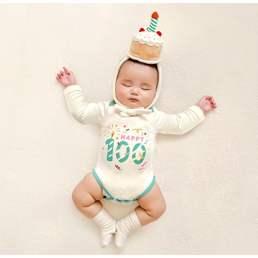 ikii 유아용 100일 기념 바디수트 긴팔  케이크 모자  기프트 박스  쇼핑백