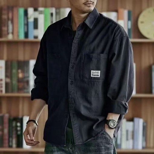 남성 봄 가을 긴팔 패션 카고 셔츠 데일리 캐주얼 오버핏 셔츠 톱 인어미남