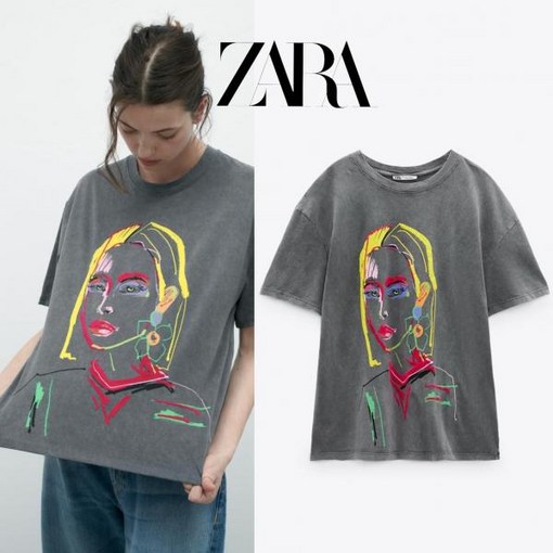 자라 디자인 프린트 캐주얼 여성 반팔티 ZARA