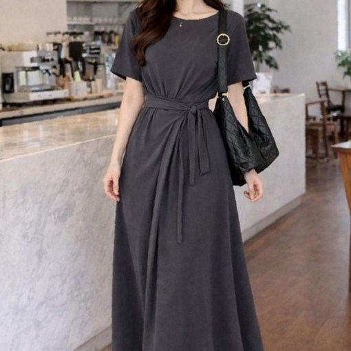 여성 허리 미니멀 스트랩 반팔 롱원피스 1P 단정 출근 여름 치마 데이트룩
