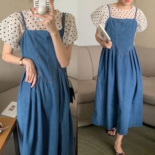 무드무드 피엘 데님 뷔스티에 플레어 원피스