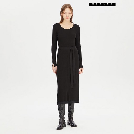 시슬리 우븐 배색 니트 원피스 SAKO02341 BK