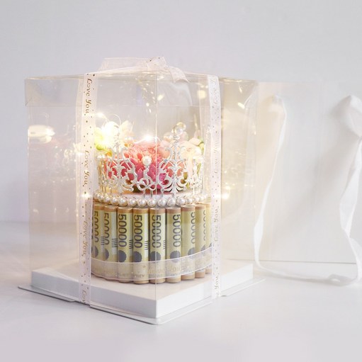 용돈박스 비누꽃 생신 생일 용돈 왕관돈케이크  전용쇼핑백  페이크머니  LED전구