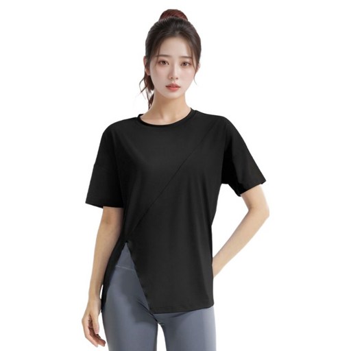마켓피아 여성용 요가 필라테스 피트니스 언발 사선 트임 티셔츠
