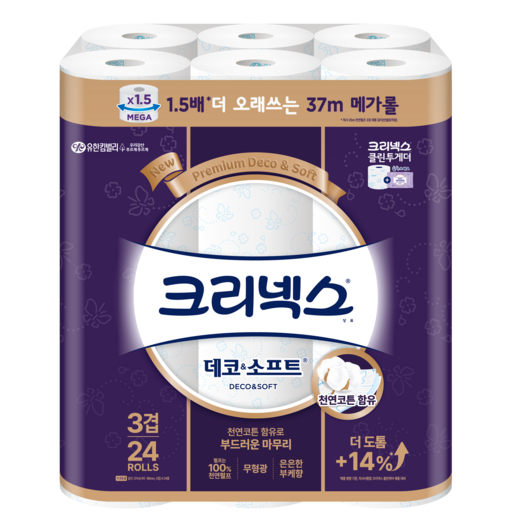 크리넥스 천연펄프 3겹 데코소프트 37m 24롤 프리미엄 화장지로 부드러움을 경험하세요