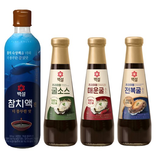 백설 프리미엄 굴소스 350g + 프리미엄 매운 굴소스 350g + 참치액 진 더 풍부한맛 500g + 프리미엄 전복 굴소스 350g