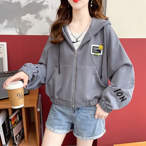 메이첼 스마일패치 밑단 시보리 슬림핏 긴팔 후드 티셔츠 01253
