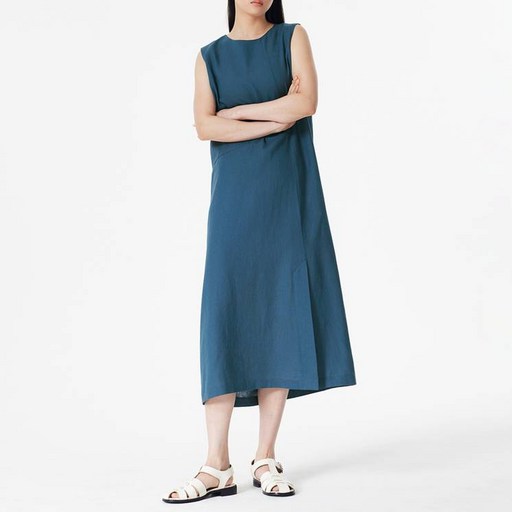 JAJU 여성용 통기성 리넨 블렌디드 민소매 롱 원피스