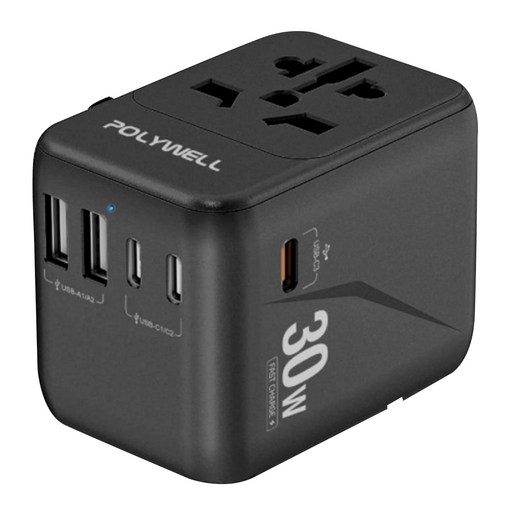 POLYWELL 寶利威爾 多國旅行充電轉接器 澳規/英規/歐規 30W Type-C 3個 + USB-A 2個 PW15-T05-A122, 72.5mm, 黑色, 1個