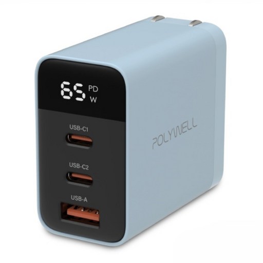 POLYWELL 寶利威爾 GaN氮化鎵數顯三孔PD快充頭 65W Type-C 2個 + USB-A PW15-T05-A195, 藍色, 1個