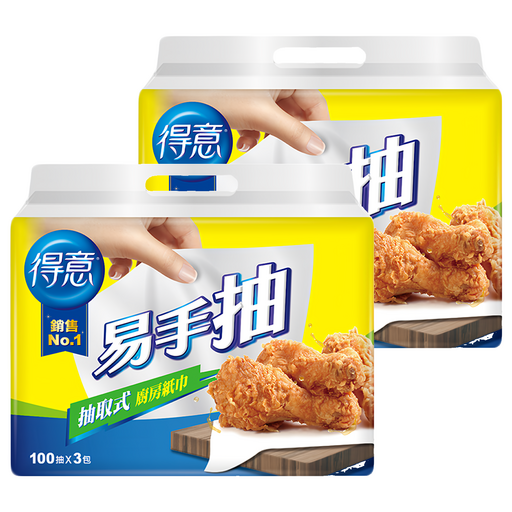 得意 抽取式廚房紙巾 易手抽 100抽, 3包, 2袋