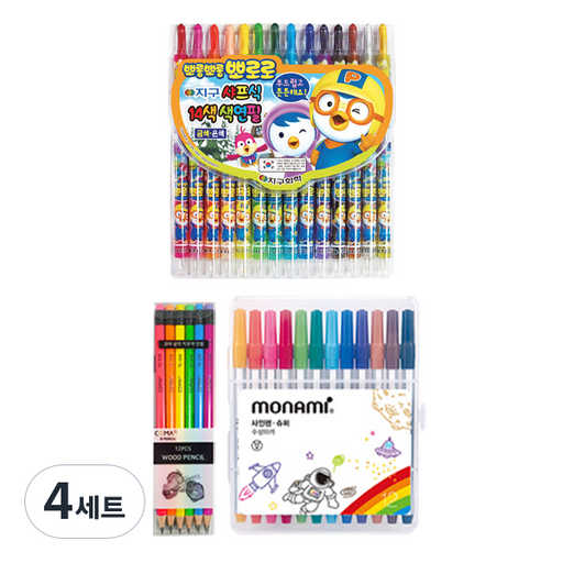 지구화학 뽀로로 샤프식 색연필 14색 + 투코비 코마 삼각지우개연필 TC-208 B 6종 x 2p + 모나미 슈퍼사인펜 12색 세트