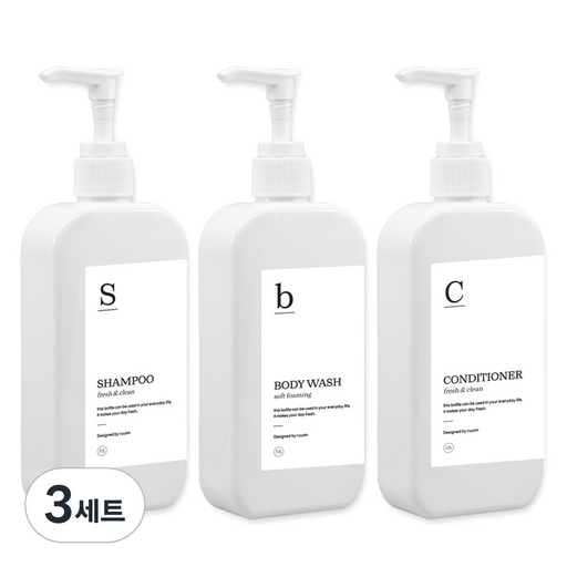 뉴앤룩 욕실 디스펜서 주방세제 리필용기 일반화이트펌프 300ml x 3p + G샴푸 바디워시 컨디셔너 라벨 3종 세트