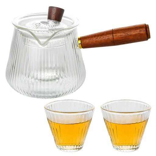 티이야기 내열유리 우드핸들 티포트 380ml + 봄 찻잔 60ml x 2p 세트