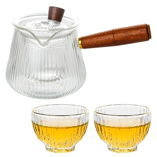 티이야기 내열유리 우드핸들 티포트 380ml + 플라워 찻잔 50ml x 2p 세트