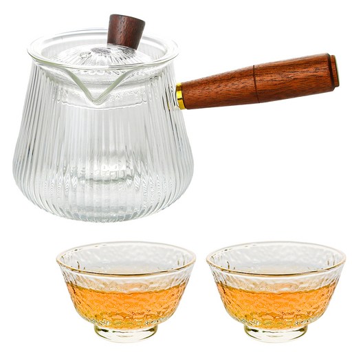 티이야기 내열유리 우드핸들 티포트 380ml + 가을 찻잔 70ml x 2p 세트