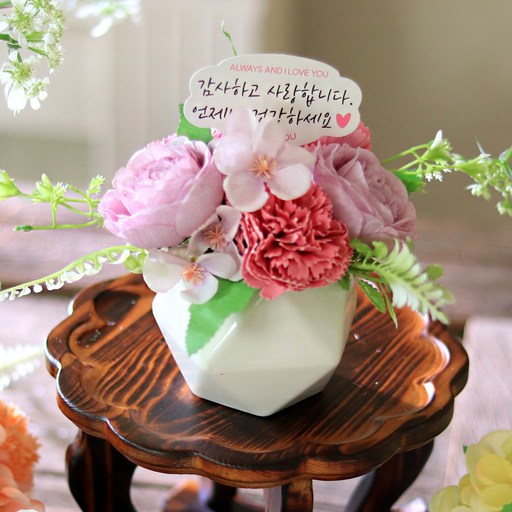 센트바스켓 조화 블러썸 실크플라워 비누꽃 카네이션 센터피스 + LED조명 + 캐리어박스 + 토퍼 + 용돈봉투 세트