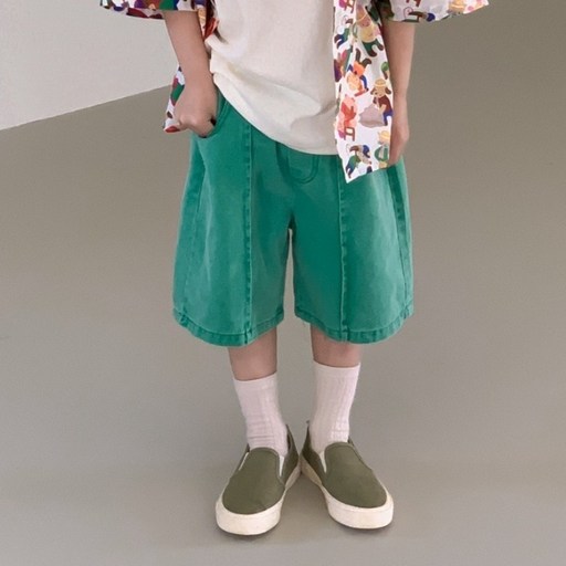 구빠방 아동 데님 루즈 캐주얼 미디 반바지