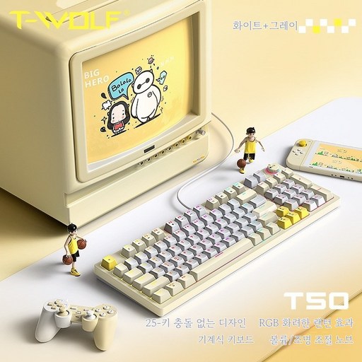 T-WOLF T50 기계식 키보드 게이밍 97키 청축 RGB 빈티지 키보드
