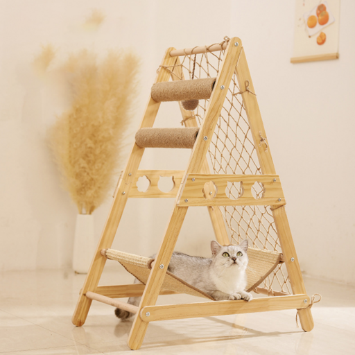 EVIO 원목캣타워 삼각형 고양이 요람 캣폴 해먹, 1개, 목색