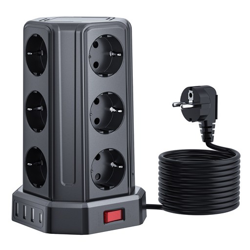 Sameriver 타워형 전원 스트립 USB 포트 4개 포함(최대 3.4A/16W 의 USB-A 3+ USB-C) 전기 소켓 12구 스위치 4개 3M 케이블 KC 인증서 취득