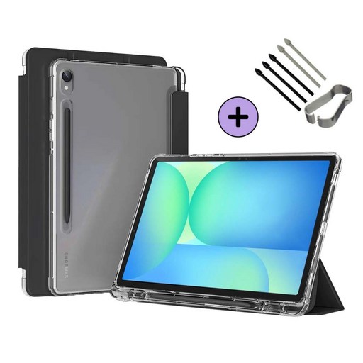 갤럭시탭 S10 FE / S10 FE 플러스 호환 S펜슬 수납 투명 클리어 케이스 북커버 아이친구, 검정, 1개