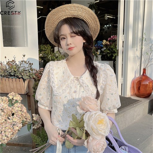 크레스티 여성용 루즈핏 꽃패턴 블라우스 벌룬 꽃무늬 반팔 셔츠